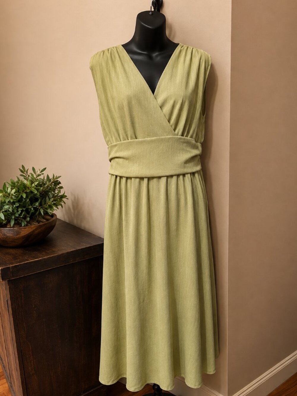 SHEIN Sage Green Sleeveless Wrap Midi Dress Smocked Back Women's Large